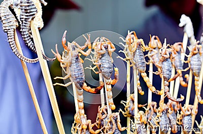 Stunning live scorpions are still alive as they are sold for food on small skewers near the Forbidden City, Beijing, , China Stock Photo