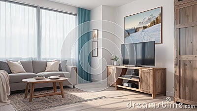 A Stunning Living Room With A Large Flat Screen Tv And A Wooden Entertainment Center AI Generative Stock Photo