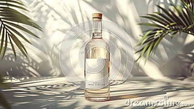 Luxury Alcohol Bottle Mockup with Blank Label and Premium Rum Drink in Shaded Tropical Setting Created with Generative AI Stock Photo