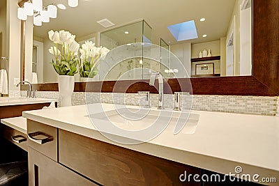 Stunning master bathroom boasts dark brown double sink vanity Stock Photo
