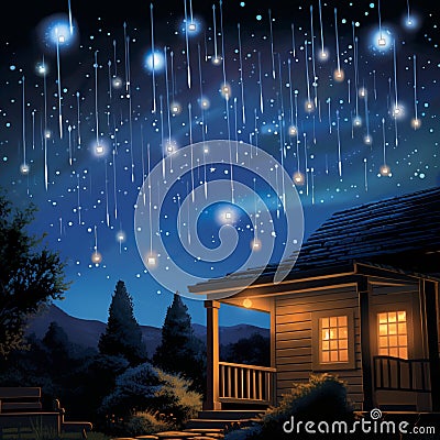 Stunning Meteor Shower with Whimsical Characters in Night Sky Stock Photo