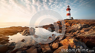 Majestic Lighthouse on Rocky Coastline Stock Photo