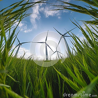 Wind Turbine Farm on Hillside with Green Fields and Blue Sky Stock Photo