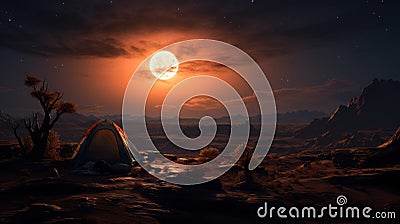 Stunning Moonlit Tent In Unreal Landscape - A Breathtaking Travel Experience Stock Photo