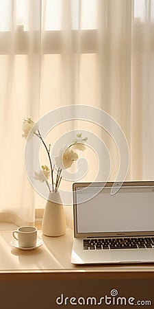 Stunning Morning Scene: White Laptop, Flowers, And Cup Stock Photo