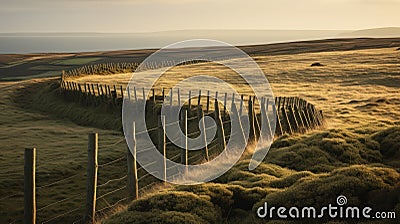 Stunning Morning View: Dune With Lined Stone Fence On English Moors Stock Photo