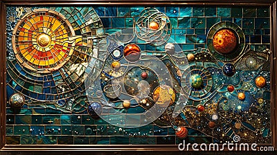 Intricately crafted, this mosaic artwork offers abstract depictions of celestial bodies and cosmic events. Stock Photo