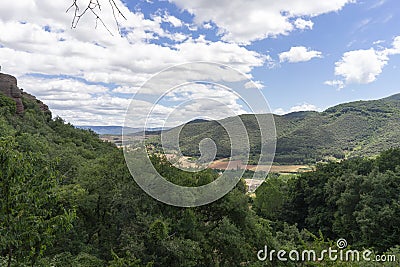 Stunning mountain range stretching under the clear blue skies, visible from the Monastery of Suso Stock Photo