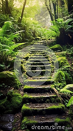 Stunning mysterious road steps that leads to a mystical world, fairytale path hides among the green trees Stock Photo