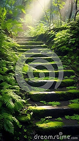 Stunning mysterious road steps that leads to a mystical world, fairytale path hides among the green trees Stock Photo