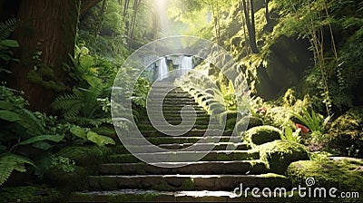 Stunning mysterious road steps that leads to a mystical world, fairytale path hides among the green trees Stock Photo