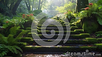 Stunning mysterious road steps that leads to a mystical world, fairytale path hides among the green trees Stock Photo