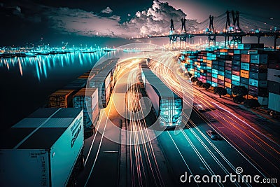 stunning night-time cityscape with cargo trucks moving on a highway and shipping containers stacked up high in a nearby port Stock Photo