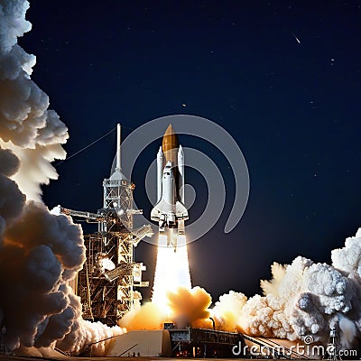 Stunning Night View of Shuttle Launch from Cartoon Illustration
