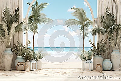 Stunning ocean and beach view framed by lush green arch with copy space for text, tropical paradise Stock Photo