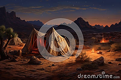 A stunning painting capturing the beauty of a lone tent under the vast desert sky, Tent encampment in a desert environment, AI Stock Photo