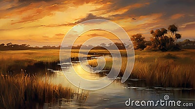 Stream At Sunset: A Mark Lovett And Noah Bradley Inspired Painting Stock Photo