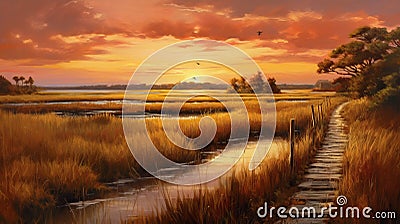 Sunset On Marsh Painting In The Style Of Mark Brooks Stock Photo