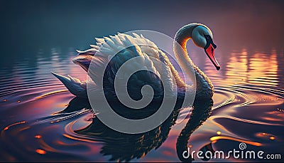 Scenic painting of swans in the lake at dusk Stock Photo
