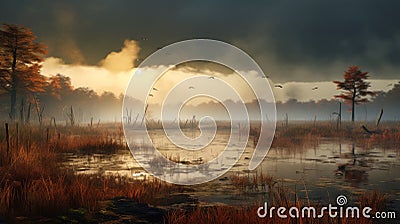 Mystical Marshes: Vray Tracing And Avian-themed Dark Amber Landscapes Stock Photo