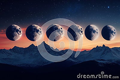 Stunning panoramic composite image illustrating the moon phases using elements sourced from nasa Stock Photo
