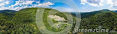 Aerial landscape of the Caucasus Mountains, forests, river. Stock Photo