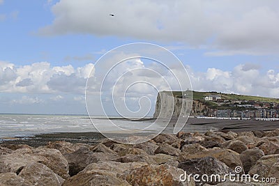 Stunning panoramic view at the alabaster cliffs at a sunny dag in le treport, france Stock Photo