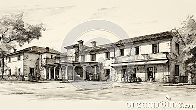 Vintage Sketch Of Colonial Architecture In Italian Wine Country Cartoon Illustration
