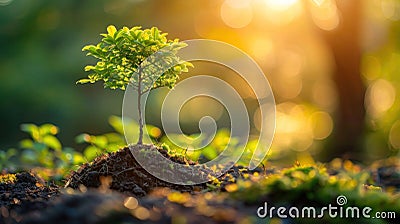 Sunrise over Small Tree in Panoramic Green World - Earth Day Concept Stock Photo