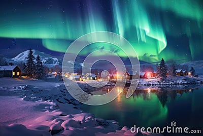 A stunning photo captures the captivating sight of an aurora borealis illuminating a small town and lake, The northern lights Stock Photo