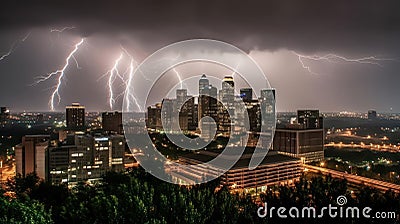 A dramatic photo of lightning striking a city skyline with the bright bolts illuminating the buildings created with Generative AI Stock Photo