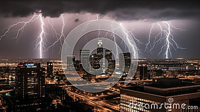 A dramatic photo of lightning striking a city skyline with the bright bolts illuminating the buildings created with Generative AI Stock Photo