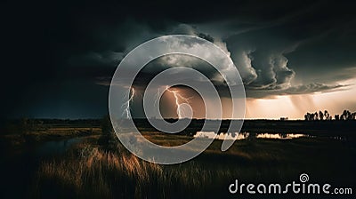 A dramatic photo of a storm cloud with lightning bolts and a dark and moody sky created with Generative AI Stock Photo