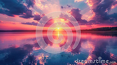 Serene Lake Sunset with Colorful Reflections Stock Photo