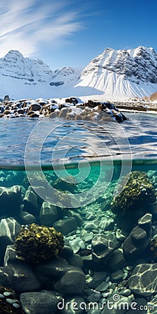 Majestic Ports: A Captivating Underwater Scene Of Glaciers And Mountains Stock Photo