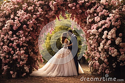 A stunning photo capturing a bride and groom standing together in front of a beautiful floral archway during their wedding Stock Photo