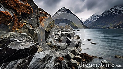 Majestic Fjord: A Dark And Gritty Landscape With Sharp Boulders And Rocks Stock Photo