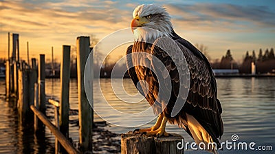 Stunning Photo: Majestic Bald Eagle Perched On Old Pier Stock Photo