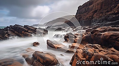 Majestic Rocky Coastline with Crashing Waves and Cloudy Sky Stock Photo