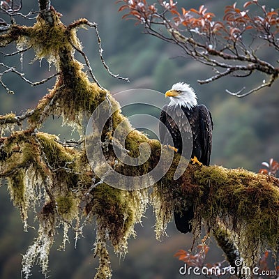 Majestic Bald Eagle Perched on Mossy Branch with River in Background Stock Photo