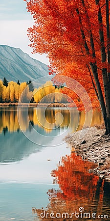 Spectacular Autumn Trees Reflecting In Mountain Water Stock Photo