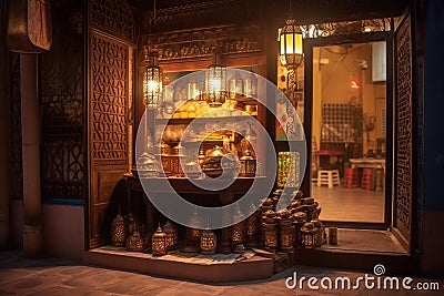 Festive Ramadan Storefront with Traditional Decorations Stock Photo