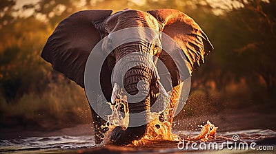 Majestic African Elephant Spraying Water in Golden Sunset Stock Photo