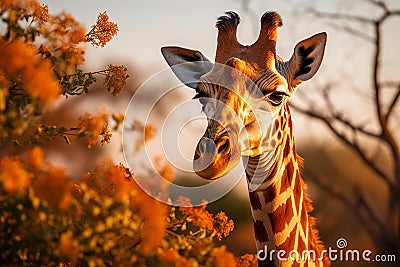 Graceful Giraffe Reaching for Acacia Leaves in African Savannah Stock Photo