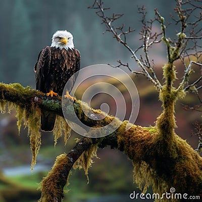 Majestic Bald Eagle Perched on Mossy Branch with River in Background Stock Photo