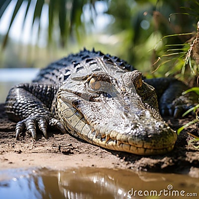 Lazy Afternoon: A Majestic Crocodile Basking in the Sun Stock Photo