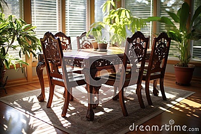 Elegant Mahogany Dining Set in Sunlit Room Stock Photo