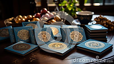 Elegant Ramadan Greeting Cards & Invitations on Wooden Table Stock Photo