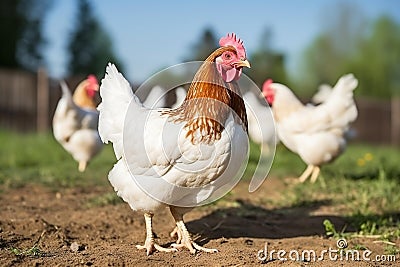 Vibrant Chickens in a Picturesque Farmyard Stock Photo