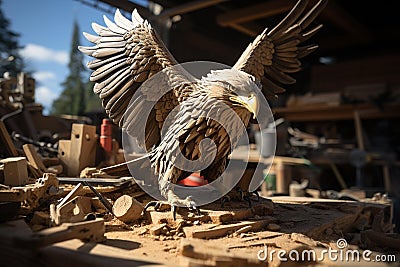 Majestic Eagle: Handcrafted Sculpture on Rustic Workbench Stock Photo